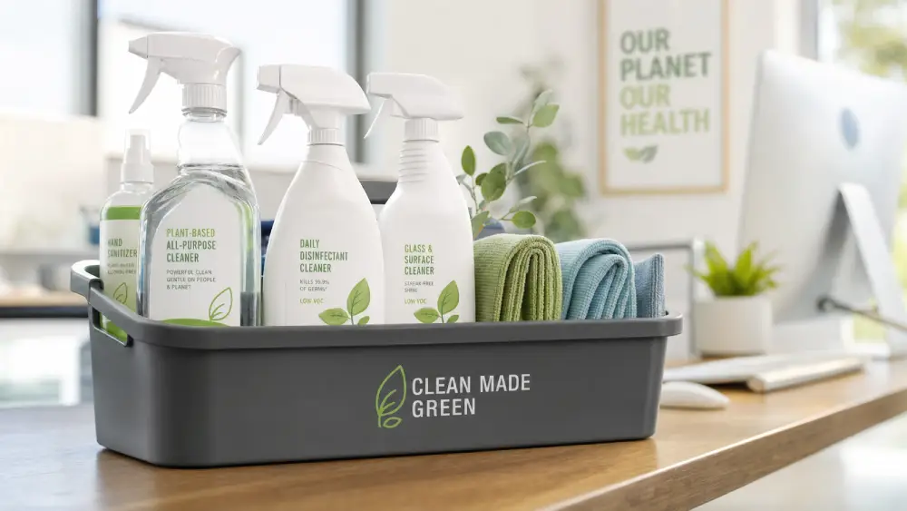 workplace indoor air quality Eco-friendly and low-VOC cleaning products used to maintain safe indoor air quality in workplaces.