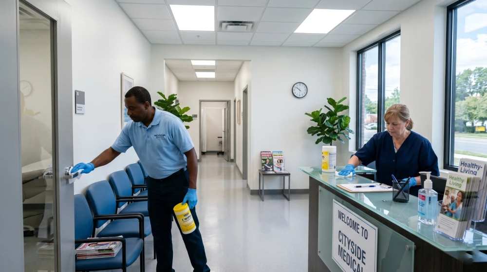 office cleaning Calgary A professional commercial cleaner sanitizing high-touch surfaces in a medical clinic to ensure patient health and safety.