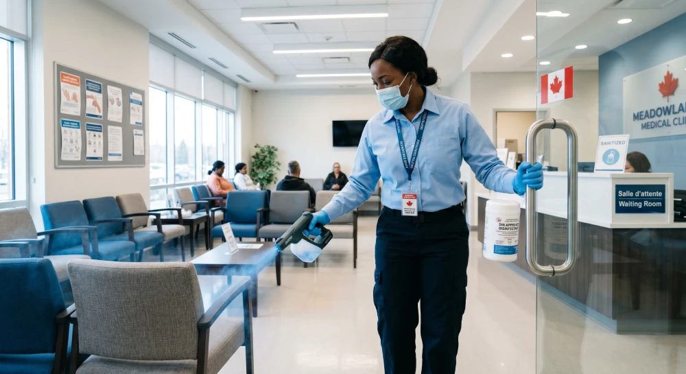commercial cleaning services Canada Disinfecting high-touch surfaces in a medical clinic to maintain strict hygiene and safety standards