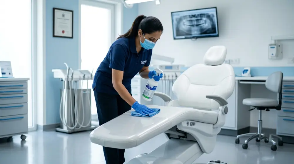 Professional ServicesPro cleaner wearing PPE sanitizing a modern dental clinic in Calgary using hospital-grade disinfectants.