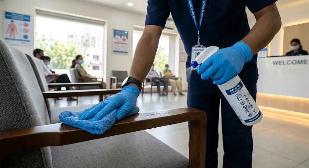 office cleaning cost Calgary Commercial cleaner disinfecting high-touch surfaces in a Calgary medical facility.