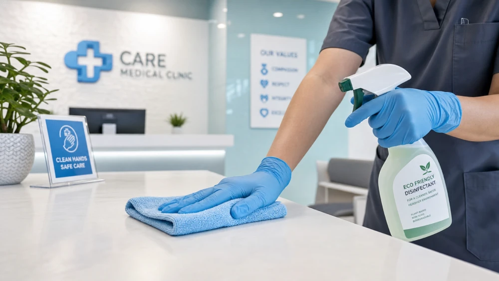 how to choose a commercial cleaning company Cleaner sanitizing high-touch surfaces in a medical office environment.