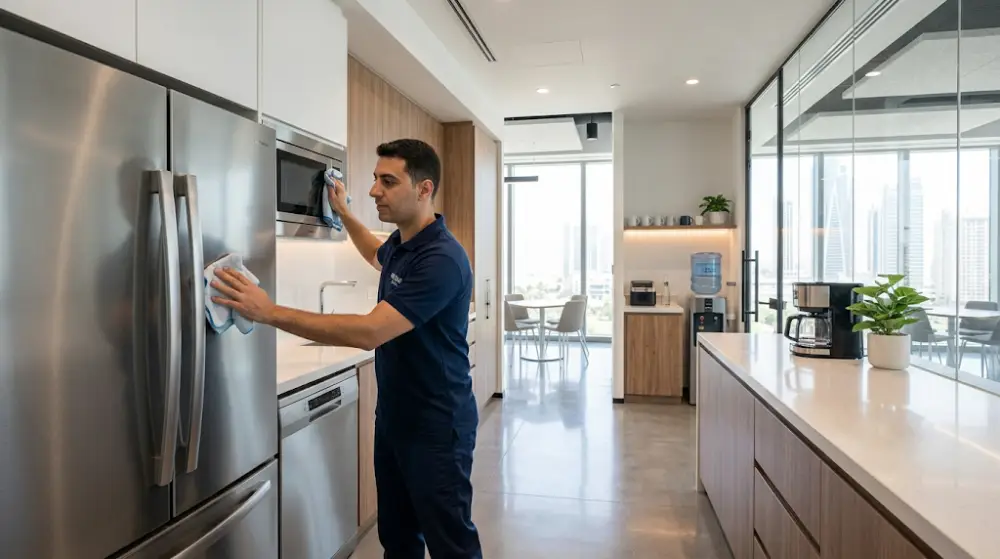 commercial cleaning Calgary A professional janitor disinfecting high-touch appliances in a corporate office break room.