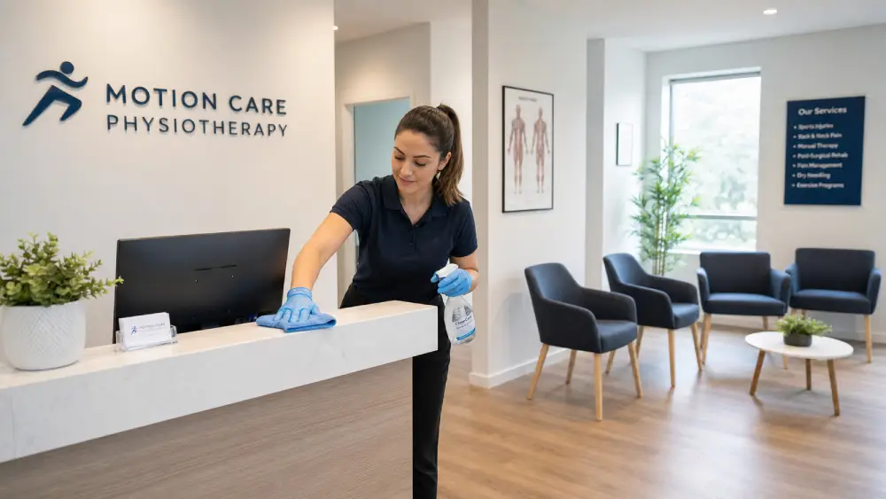 indoor air quality in Canadian workplaces Commercial cleaner sanitizing high-touch surfaces at a Canadian physiotherapy clinic reception desk.