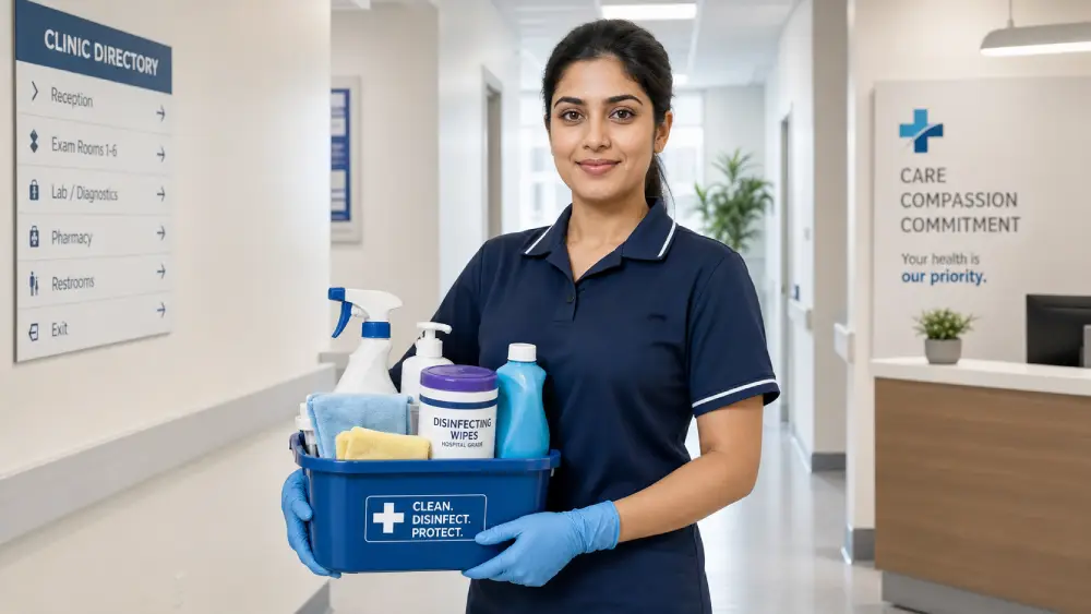Uniformed professional commercial cleaner preparing to disinfect a medical clinic hallway.