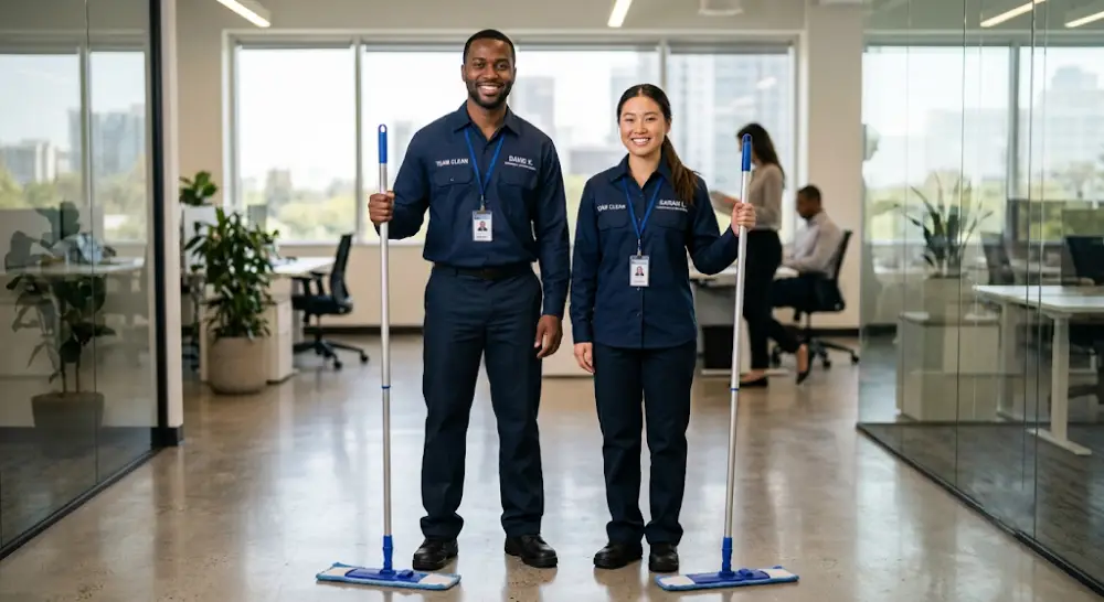 commercial cleaning services Calgary Friendly team of Services Pro commercial cleaners ready for office cleaning in Calgary.