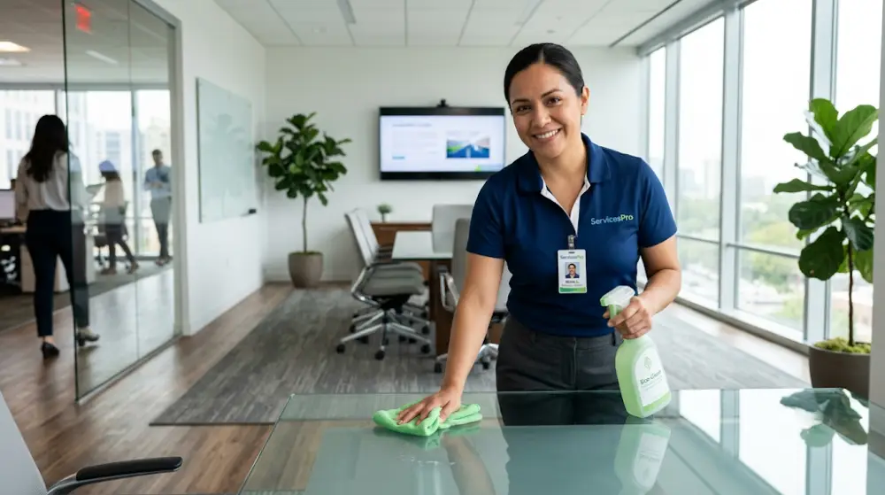 environmentally friendly office cleaning A professional cleaner safely wiping down an office table using non-toxic green cleaning products.