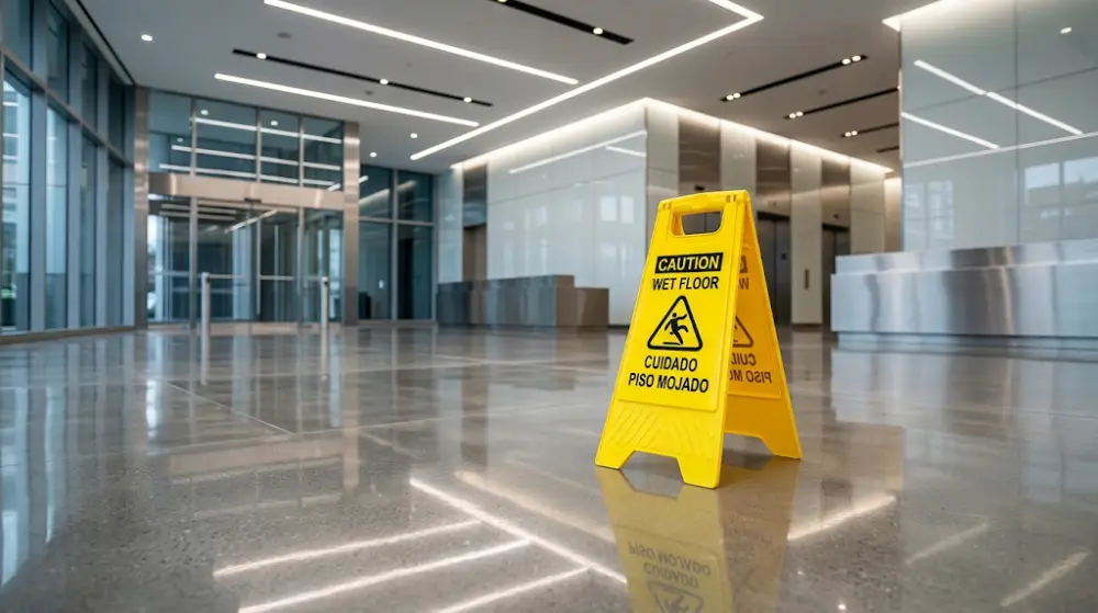 A wet floor safety sign on a freshly cleaned and polished concrete commercial floor.
