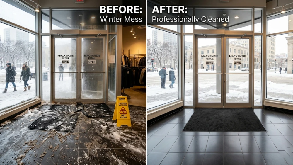 The challenge of winter weather in retail stores, showing the difference professional cleaning makes in removing salt and slush.
