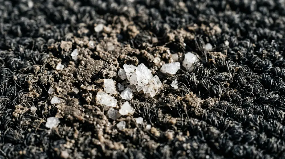 Close-up of abrasive white rock salt crystals damaging dark commercial carpet fibers.