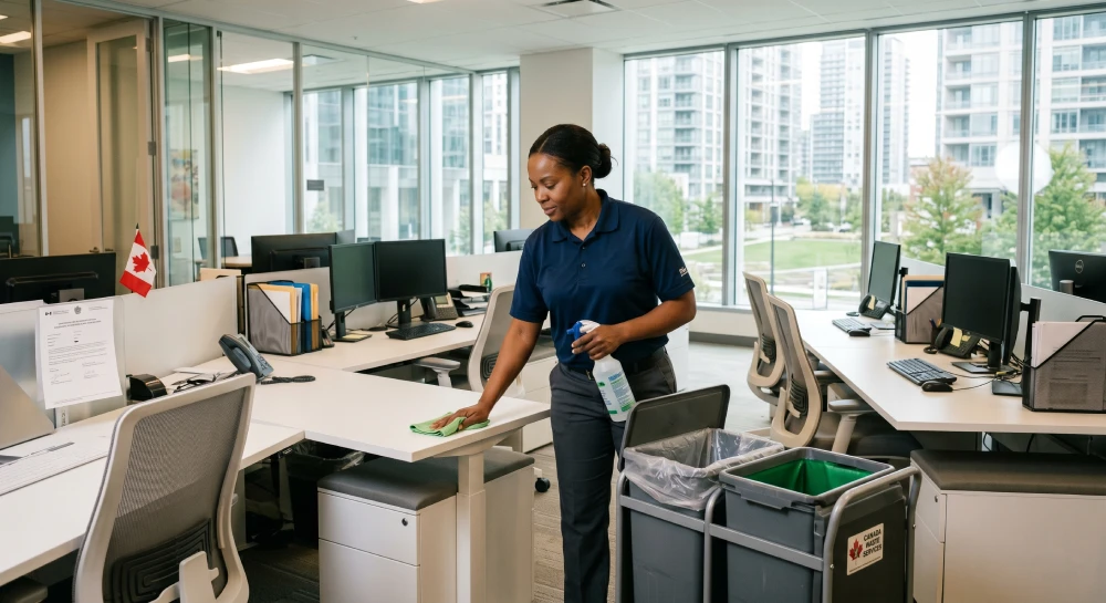 janitorial cleaning vs deep cleaning A professional cleaner performing daily janitorial duties like wiping desks and emptying trash in a modern office.