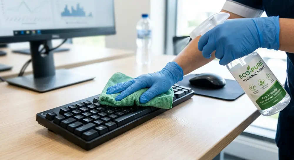 office deep cleaning Edmonton A commercial cleaner sanitizing an employee desk and keyboard to eliminate germs and bacteria.