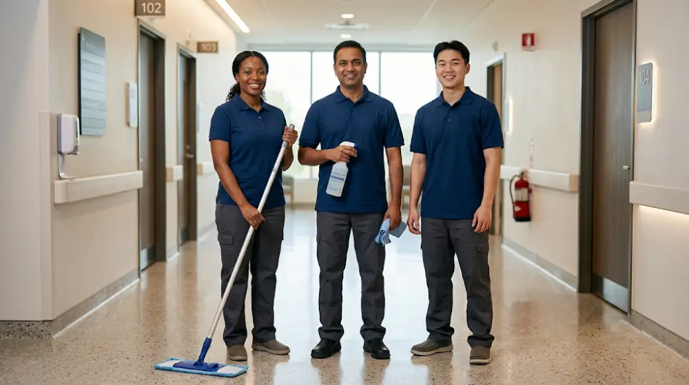 Friendly and highly trained ServicesPro commercial cleaning team standing together in a medical facility.