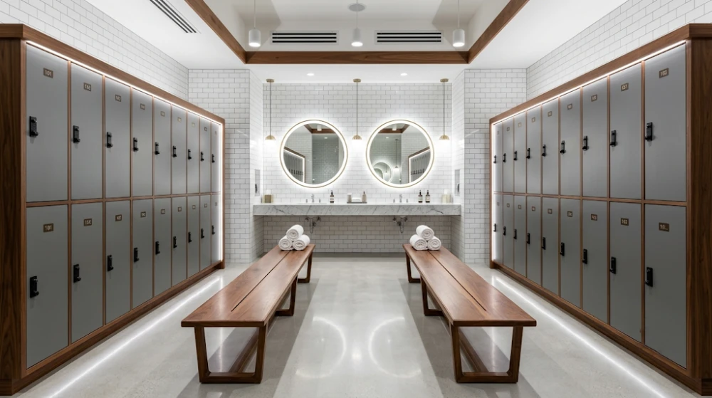 Spotless and sanitized luxury gym locker room with wooden benches.