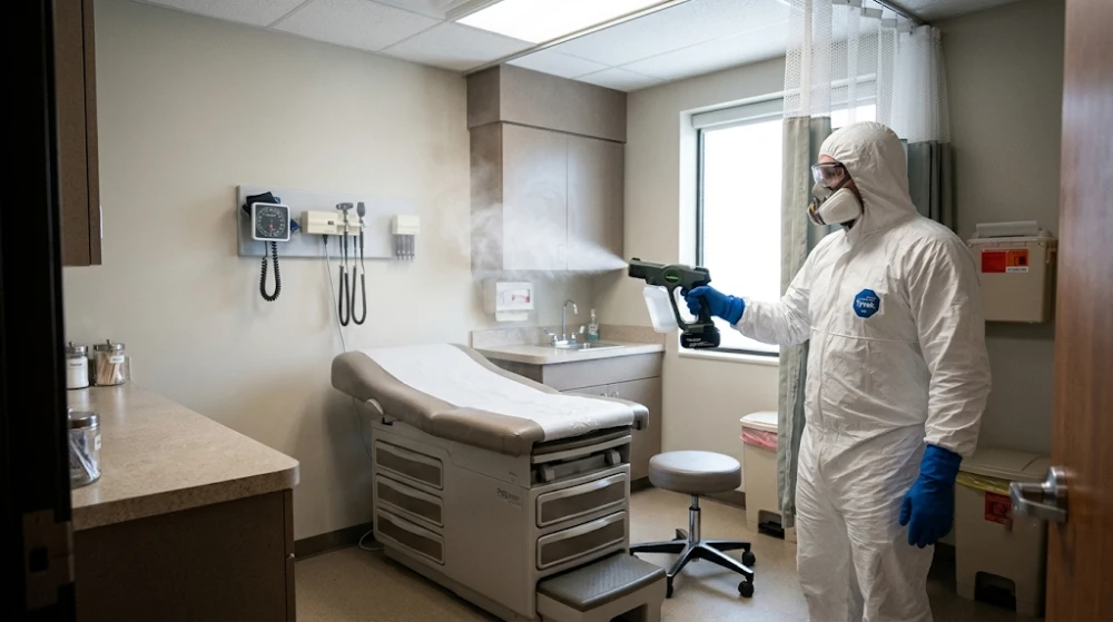 Cleaner performing terminal cleaning in a patient room using an electrostatic fogger