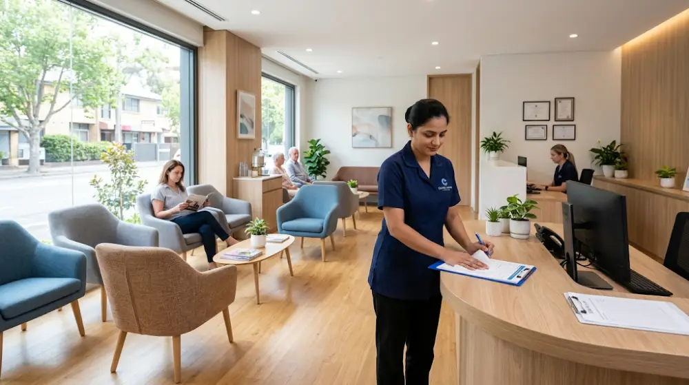 Janitorial staff disinfecting high-touch surfaces in a Toronto medical clinic waiting room to ensure patient safety.